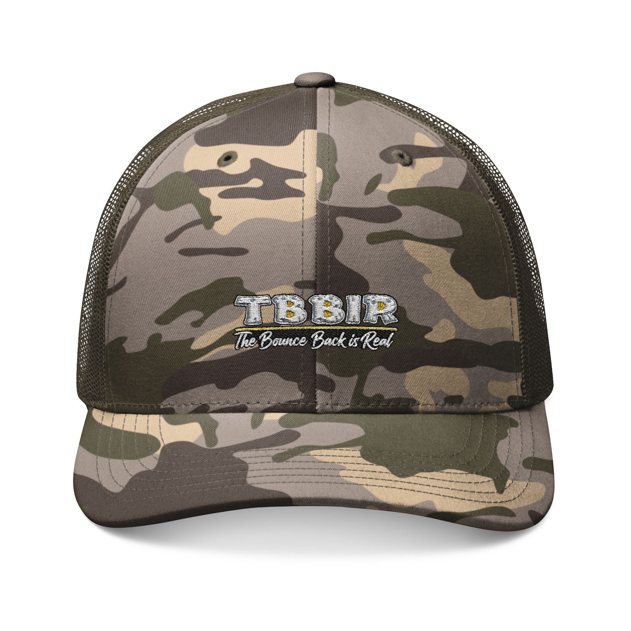 Camo Trucker Hat — Embroidered "TOBI: The Bounce Back of Rock" Patch
